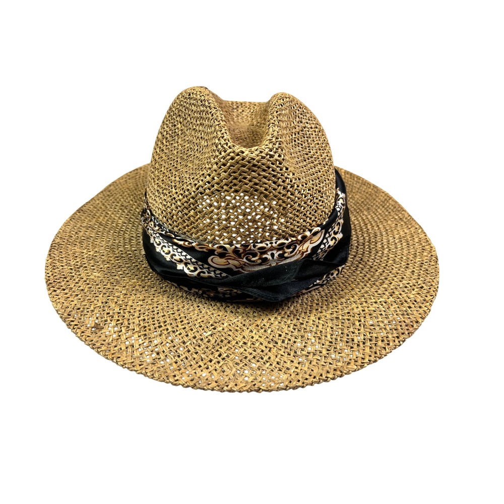 Vintage Stetson Straw Fedora Hat Tan Wide Brim Paisley Scarf Band L/XL